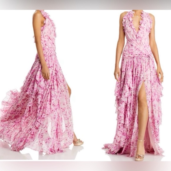 NWT Cinq a Sept Agatha Chiffon Ruffled Gown in Vibrant Plum Multi Size 10 - Picture 3 of 17